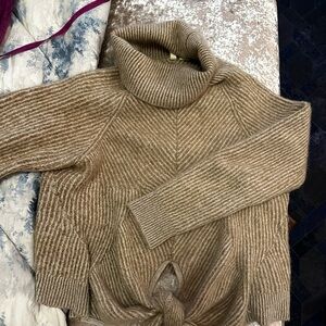 Anthropologie Moth Ribbed Tie Front Turtleneck Sweater L knot cropped